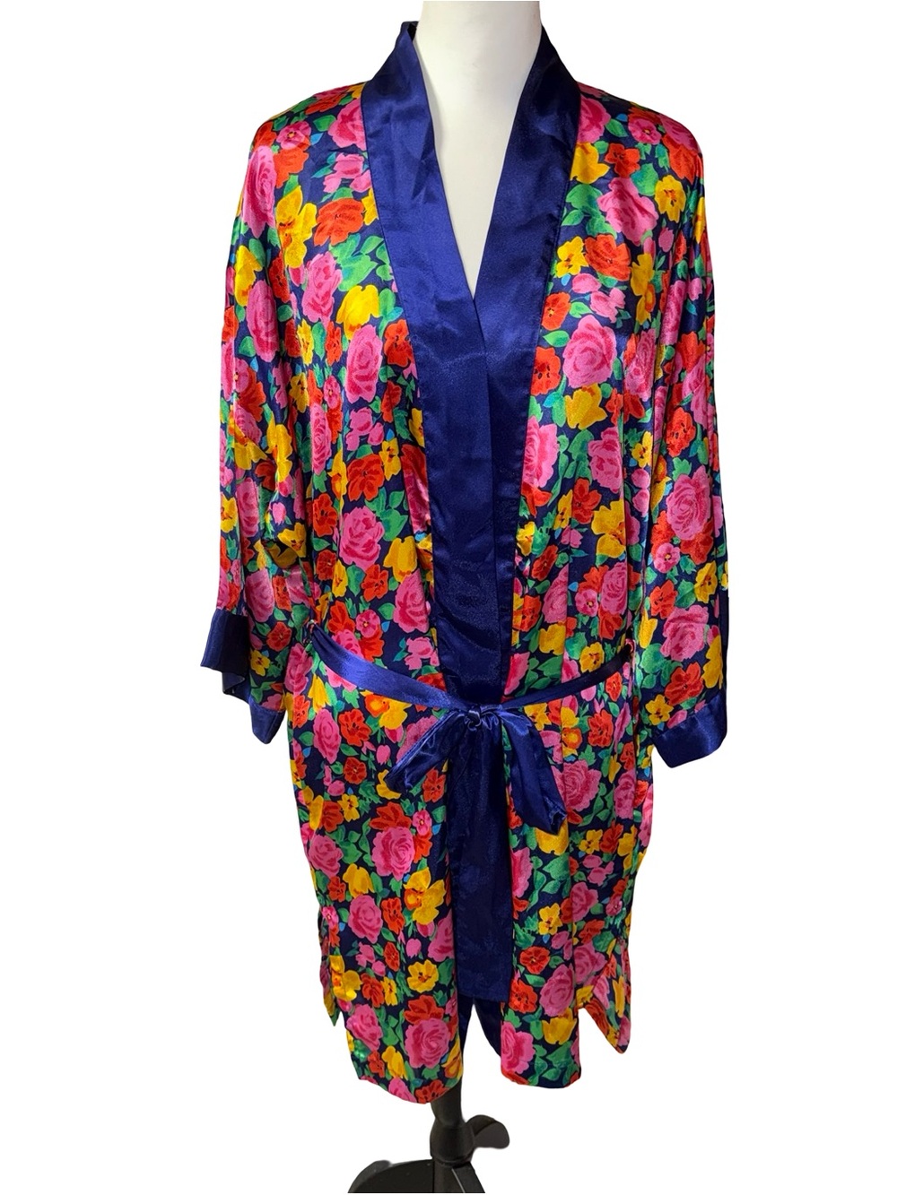 Victoria's Secret Multicolor Floral Satin Kimono Robe Navy Blue Trim OSFM